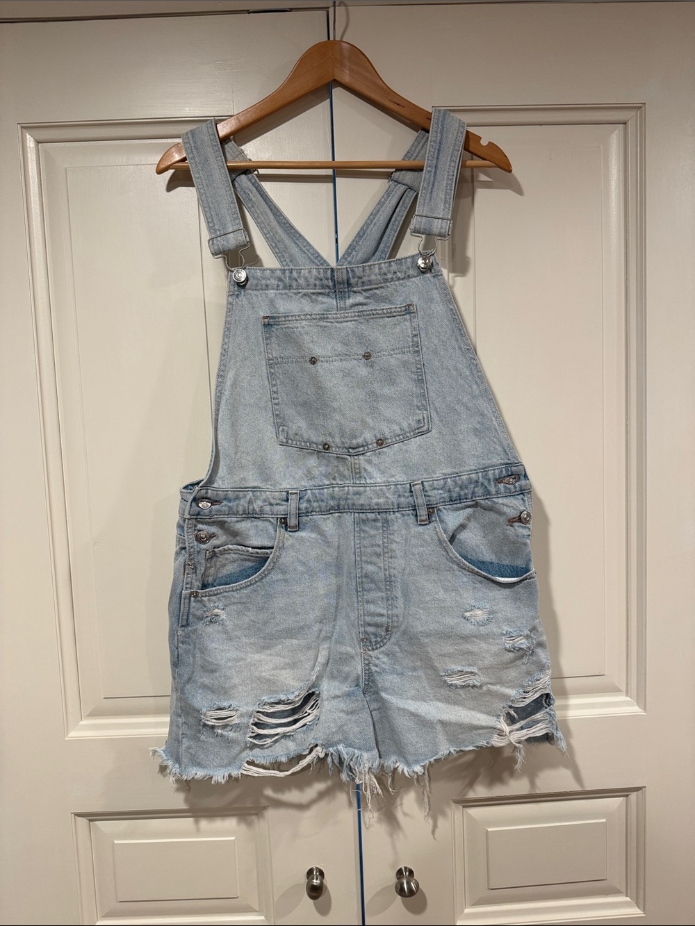 We The Free Light Wash Distressed Denim Short Overalls